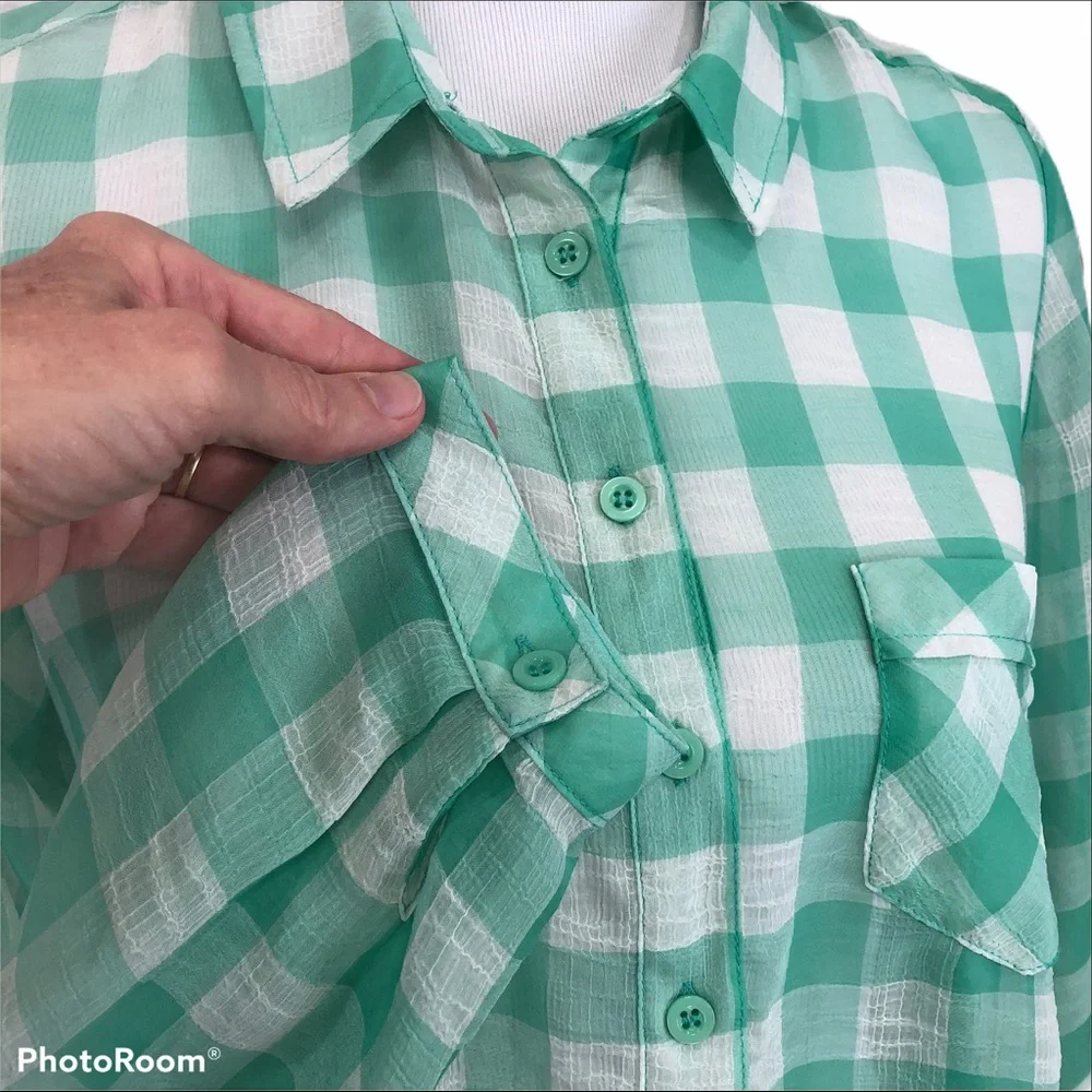 Free People green gingham sheer hi lo button up collared shirt